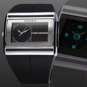 OHSEN dual display sports watch for men with black silicone strap and square metal dial