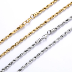 Close-up of gold and silver stainless steel twisted rope chains with lobster clasps