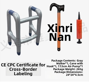 Inflatable PVC walker set including grey frame, cane and manual air pump weighing 265g