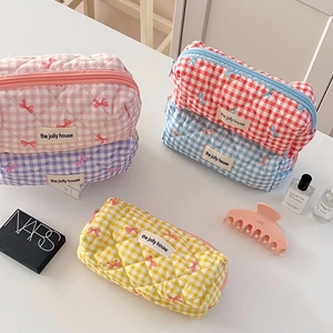 Quilted plaid pencil case and makeup bag set with cute bow patterns in five soft colors