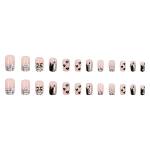Pink and black press-on nails set with French plaid patterns and 3D butterfly charms