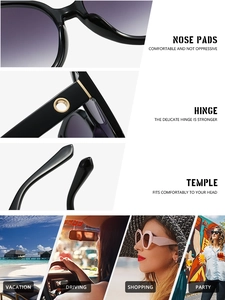 Détails de lunettes de soleil carrées avec charnières dorées et scènes d'utilisation
