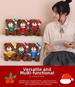 Close-up of Christmas teddy bears in colorful knit sweaters with festive patterns