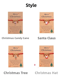 Detail of four Christmas braided bracelets with enamel charms on Merry Christmas gift cards