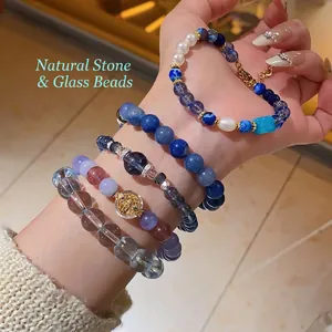 Blue zircon crystal beaded stretch bracelets with freshwater pearls and natural stones