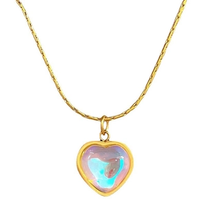 Minimalist titanium steel gold necklace with a vibrant iridescent heart pendant on white