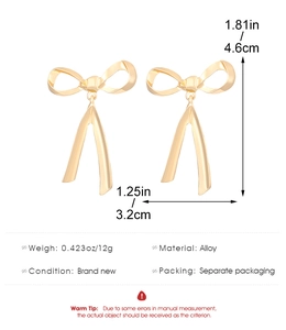 Detailed product dimensions and specifications for gold bow drop earrings in alloy
