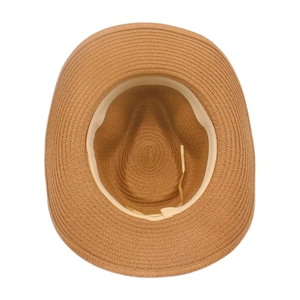 Detail of straw hat interior showing sweatband and adjustable drawstring for custom fit