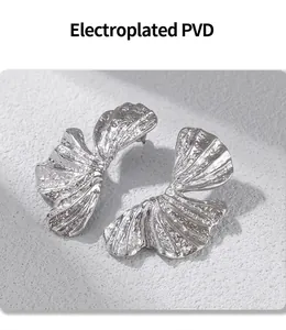 Macro detail of silver ginkgo leaf earrings with PVD electroplated textured surface