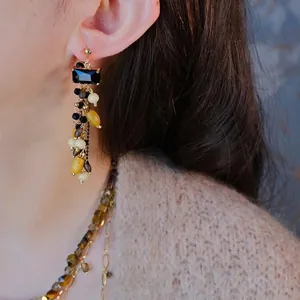 Ethnic style square black gem drop earrings with colorful beads and long chain tassels