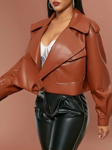 Giacca da donna in ecopelle marrone con colletto a rever e maniche lunghe stile biker