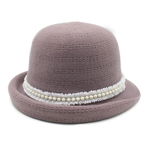 Japanese style pearl-embellished pink knit cloche hat for women in winter