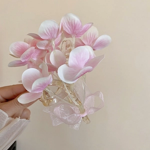 Sweet pink floral hair claw with chiffon ribbon bow and transparent resin grip