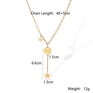 Detail showing dimensions of gold Y-shaped necklace with Good Luck and M pendants