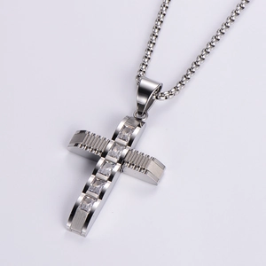 Polished silver cross pendant necklace with square rhinestones on a metal chain