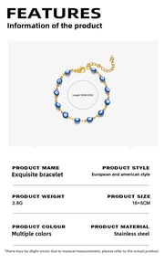 Detail view of gold evil eye bracelet showing 16+5cm length and 3.8g weight specs