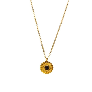 French vintage gold plated stainless steel sunburst necklace with black natural stone