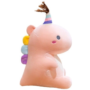 Pink plush dinosaur toy with colorful party hat and vibrant back fins on white background