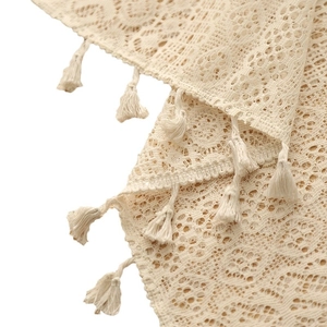 Beige lace fabric featuring Christmas bell snowflake patterns and fringe tassel edges