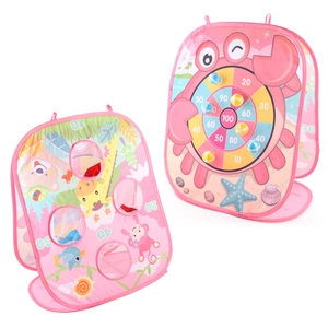 Pink foldable cornhole game set with jungle animal targets and colorful bean bags