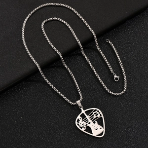 Men's silver music pendant necklace with guitar and notes on a box chain