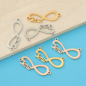 Macro detail of Jesus infinity symbol connectors in gold, silver, and rose gold steel
