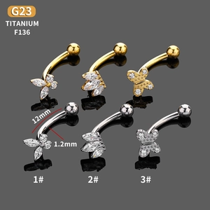 G23 Titanium Curved Barbell Eyebrow Piercing Studs With Butterfly Flower Cubic Zirconia Inlaid Body Jewelry