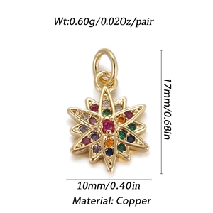 Detail view of gold octagonal star pendant with colorful gems and precise size measurements