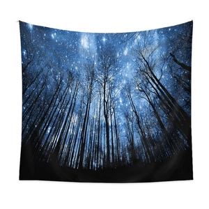 Close-up of starry night forest tapestry with blue sky and dark tree silhouettes