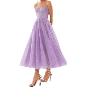 Women's Sequin Spaghetti Strap Midi Evening Dress Corset Bodice Elegant A-Line Party Prom Formal Gown