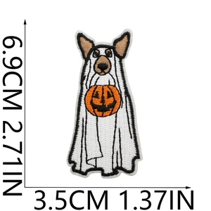 Detail view of corgi ghost embroidery patch with measurements 6.9cm by 3.5cm for Halloween