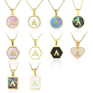 Stainless Steel Alphabet Letter Necklace With Natural Shell Inlay Pendant Fashion Square Jewelry For Women