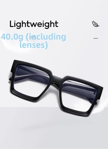 Detailed view of lightweight black square frame glasses weighing 40.0g with lenses