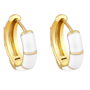 Detail view of gold hoop earrings with white enamel segments and a secure clasp closure