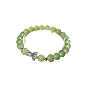 New Chinese retro Hetian jade style bracelet with green chalcedony beads and silver fish charm