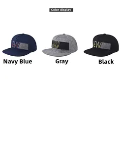 Flat brim snapback hats in navy, gray, and black colors with NEW letter embroidery