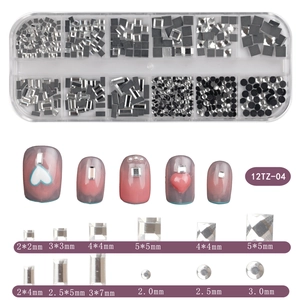 Detail of 12-grid nail art rhinestone set with silver crystals and size specifications