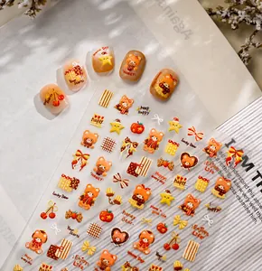 Detailed sheet of honey caramel bear nail stickers with stars and cherry patterns