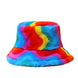 Rainbow tie-dye plush bucket hat in soft faux fur for winter warmth and fashion