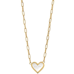 Golden paperclip chain necklace featuring a heart pendant with NEVER FORGET engraving