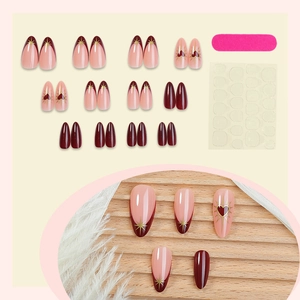 24pcs French red striped press-on nails with golden star and heart patterns in almond shape