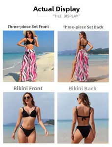 Three-piece bikini set with pink animal print beach pants shown in four grid view