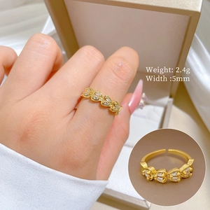 Elegant Heart Double Row Cubic Zirconia Adjustable Ring Gold Plated Brass Jewelry For Women