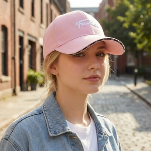 Rosa Outdoor-Baseballkappe mit weißen Stickbuchstaben und sportlichem Schirmrand