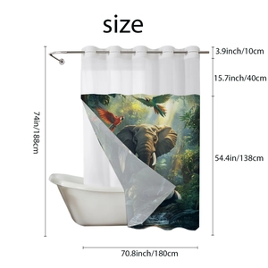 Detail view of waffle shower curtain showing elephant print and specific size dimensions