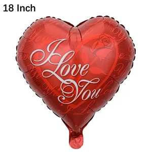 Detail of 18 inch red heart foil balloon with I Love You print and rose patterns