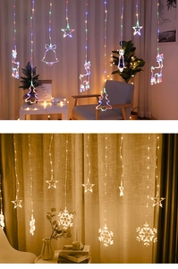Detail of LED curtain lights with stars, bells and trees for Christmas decoration