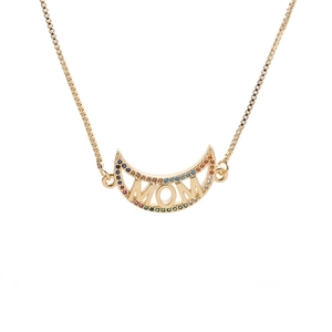 Detailed shot of gold crescent moon MOM necklace featuring colorful zircon stones