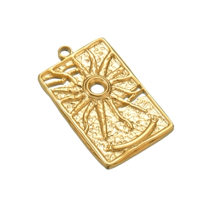 Golden stainless steel rectangle pendant with sunburst texture and embossed pattern
