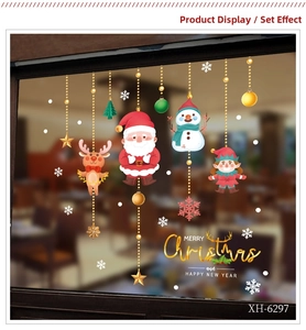 Detailed Christmas window stickers featuring Santa, snowman, and reindeer on glass panel
